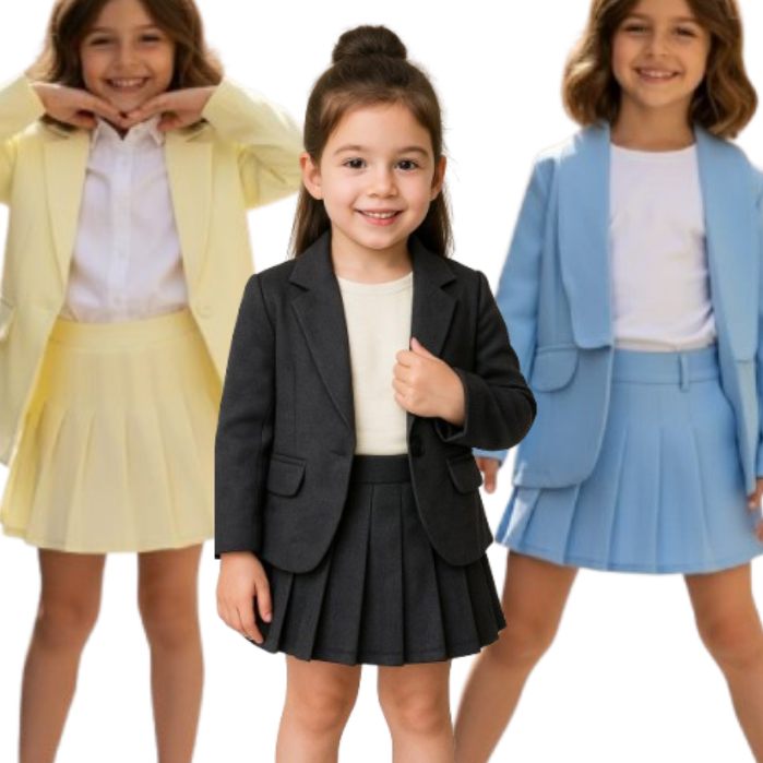 CONJUNTO SHORT SAIA PLISSADO COLEGIAL BLAZER DE ALFAITARIA INFANTIL ESTILOSO BLOGUEIRINHA