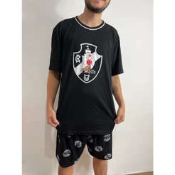 Pijama Vasco da Gama Masculino Adulto Infantil Juvenil Camisa Meia Manga e Short de Malha