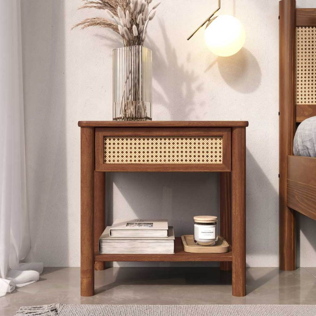 Mesa de Cabeceira Palhinha Natural Madeira Quarto Casal Castanho Cefira em Oferta na Shopee
