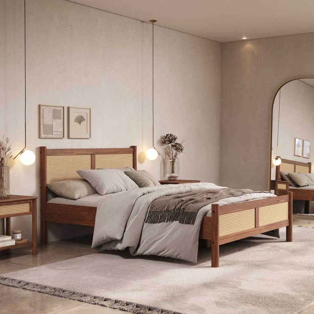 Cama De Casal Madeira Maciça Com Rattan 140 x 190 cm Castanho Cefira em Oferta na Shopee
