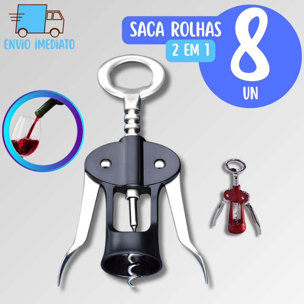 8 Saca Rolhas Abridor de Garrafa Inox 2 em 1Reforçado Manual para Cozinha Restaurante Adega Vinícola