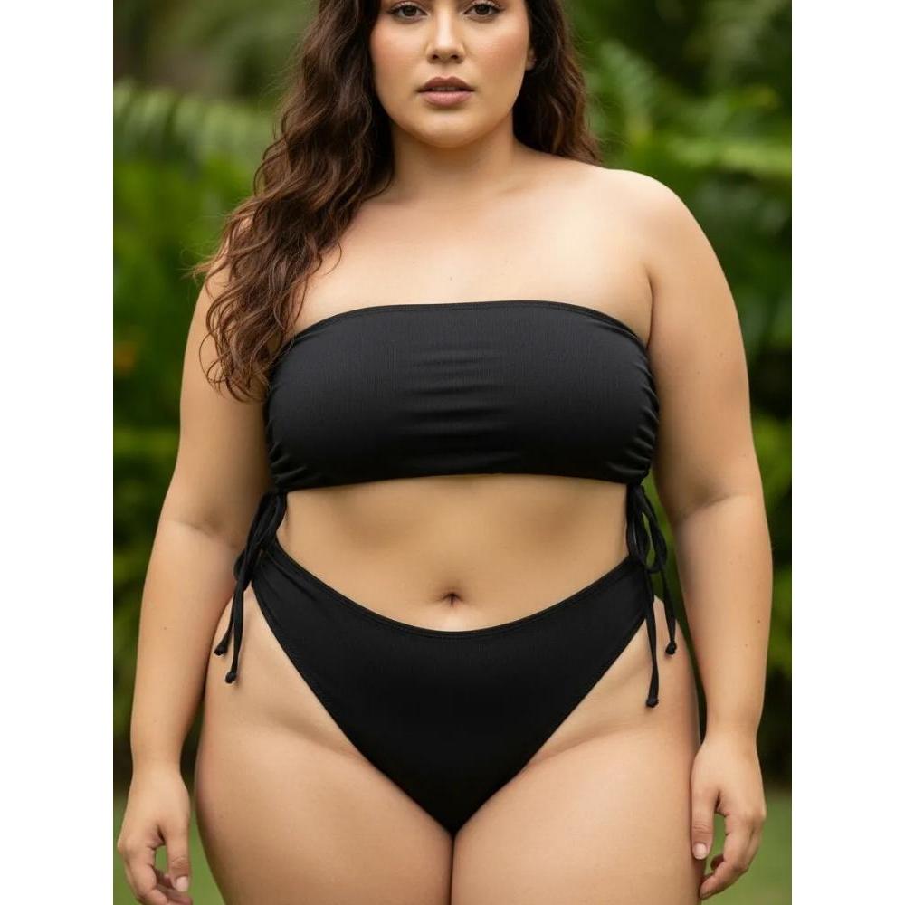 Biquíni Plus Size Fio Duplo Feminino Canelado Cintura Alta e Top Faixa Confortável