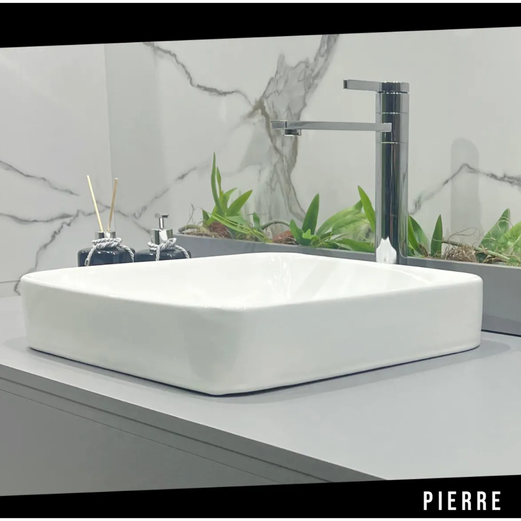Cuba 42x42cm de Porcelana Louça Branca Quadrada Pierre Brilhante Elegância Para seu Banheiro Lavabo