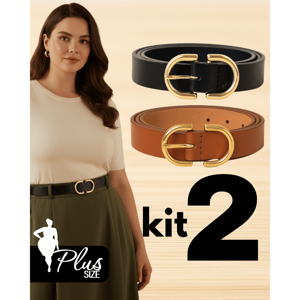 Kit 2 Cintos Feminino Plus Size Fino Social Couro Sintético Alfaiataria Elegante Cintura Lola em Oferta na Shopee