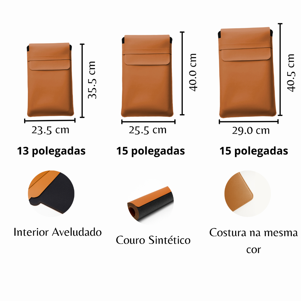 Luvas Pasta Case Capa Para Notebook Couro Sintético Caramelo Premium 13, 15,6 e 17