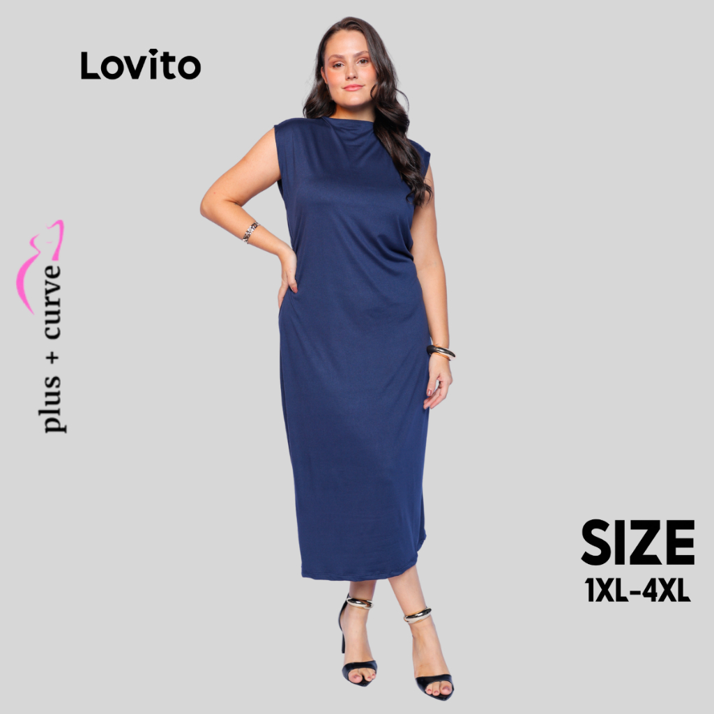 Lovito Vestido Midi Azul Elegante Liso Plus Size Feminino LB1044BRL1074 em Oferta na Shopee