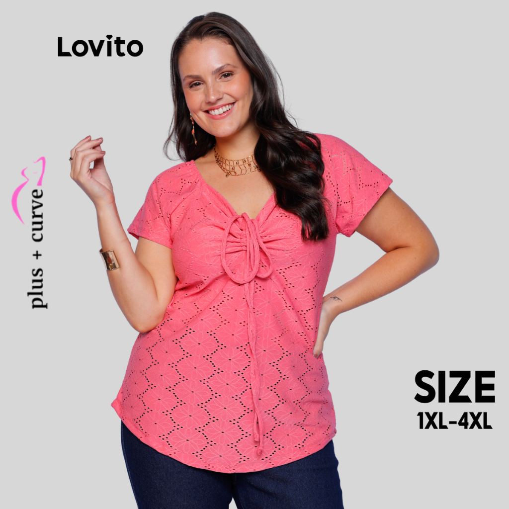 Lovito Blusa Plus Size Manga Curta Amarracao Feminina LB1037BRL1067 em Oferta na Shopee