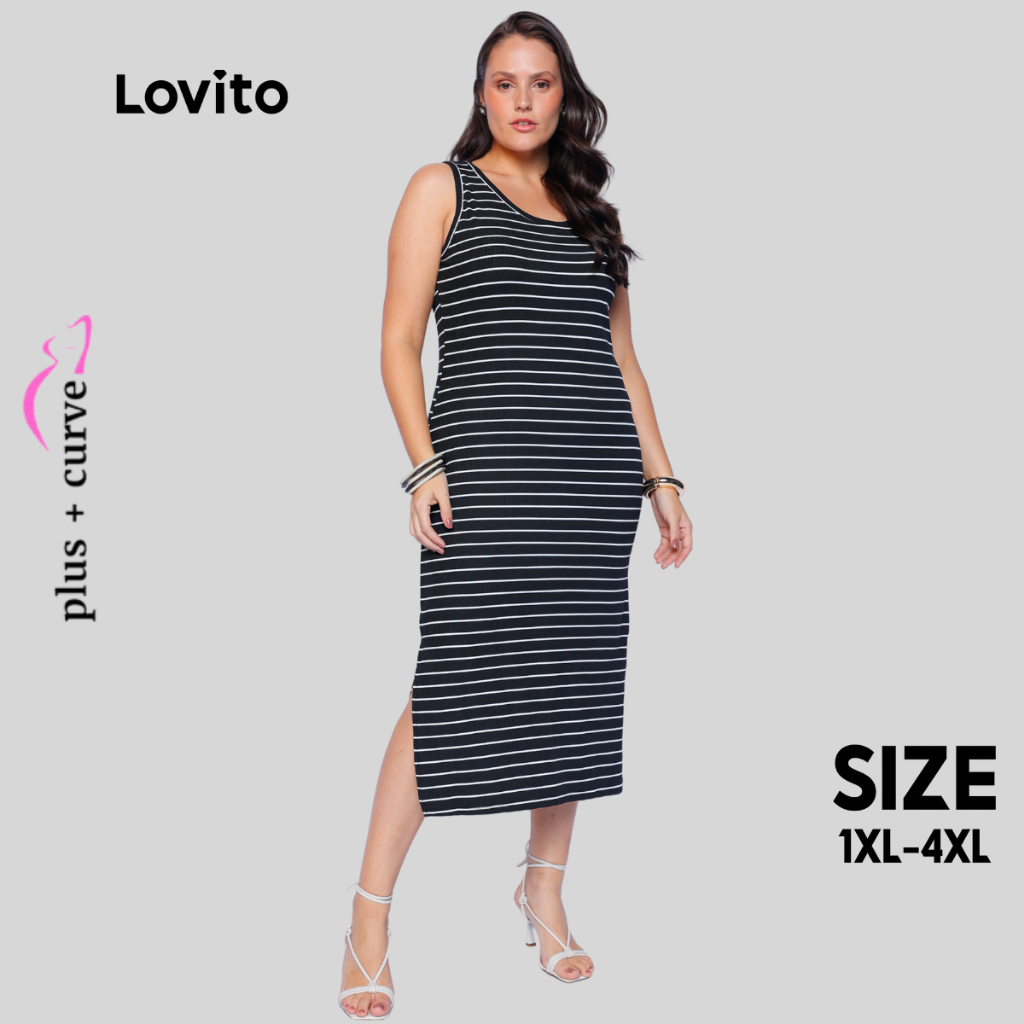 Lovito Vestido  Plus Size Midi Listrado Casual Feminino LB1043BRL1073 em Oferta na Shopee