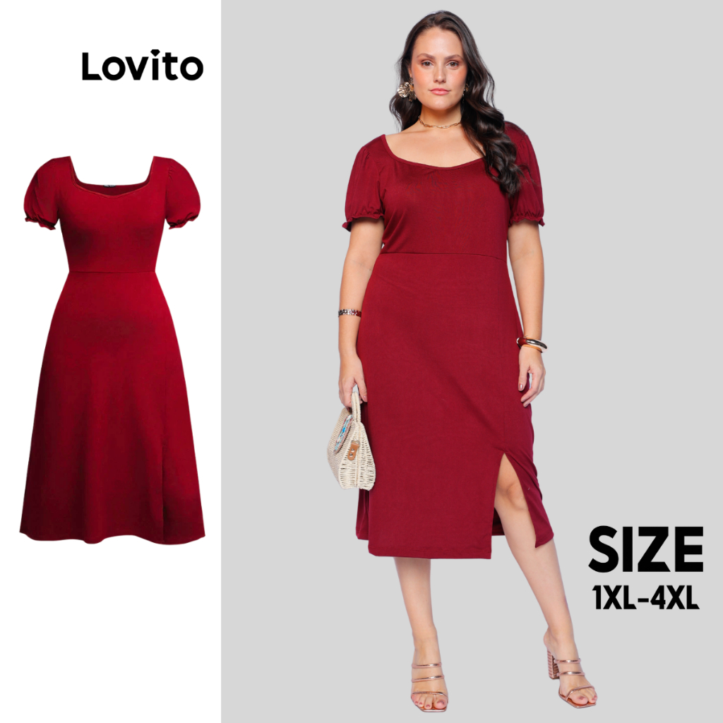 Lovito Vestido Tubinho Plus Size Elegante Midi Vermelho Liso Feminino LB171BRL200