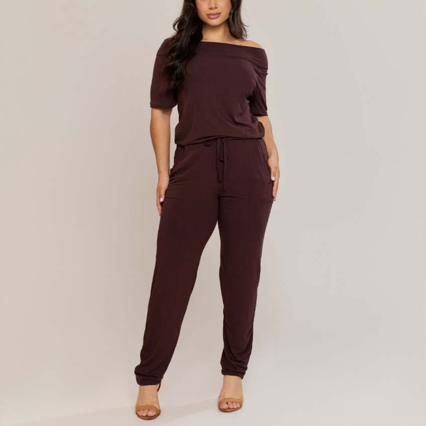 Macacão Feminino em Viscolycra Ombro a Ombro com Amarração na Cintura e Bolsos Laterais Casual em Oferta na Shopee