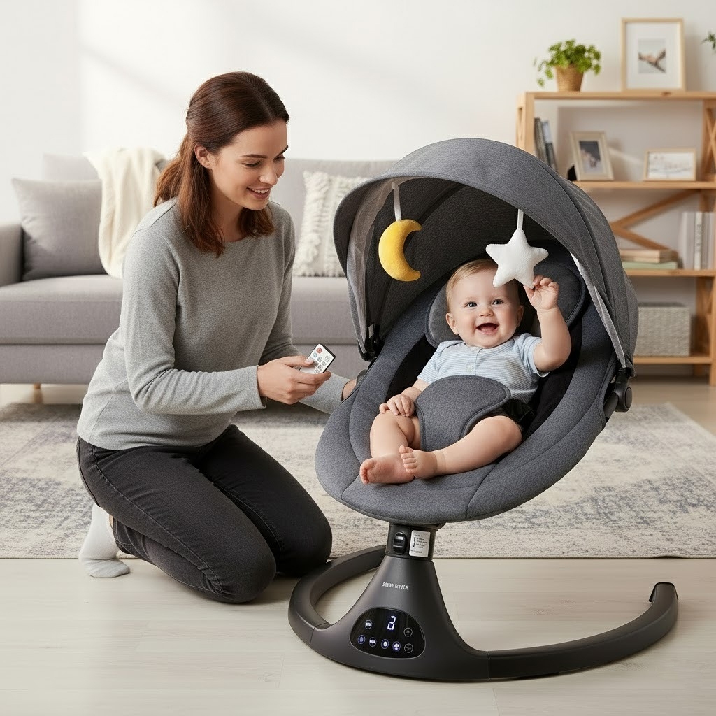 Cadeira de Descanso Bebê Balanço Premium Cadeirinha com Musica Mosquiteiro e Controle Remoto Preta