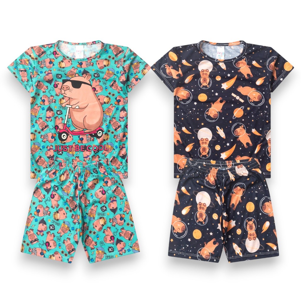 Conjunto infantil Pijama Verão Capivara 2 peças – Bermuda e Camiseta Roupa de Menino. Tam. 1 ao 8