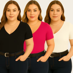 Kit com 3 blusas plus size decote v básica feminina