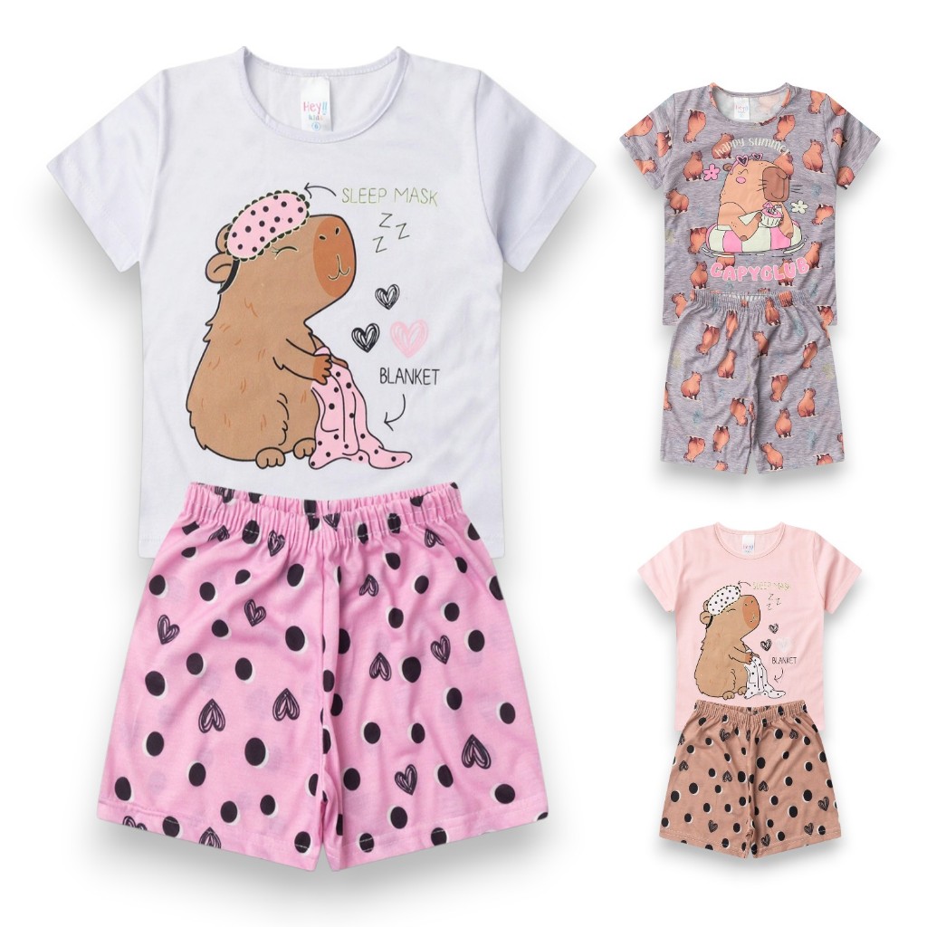 Conjunto Pijama Infantil Feminino Capivara Verão 2 peças – Shorts e Camiseta Roupa de Menina
