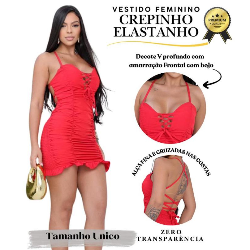 Vestido Feminino Tecido Crepinho Premium Lastex Moda Gringa Florado Alça amarração com bojo Vermelho