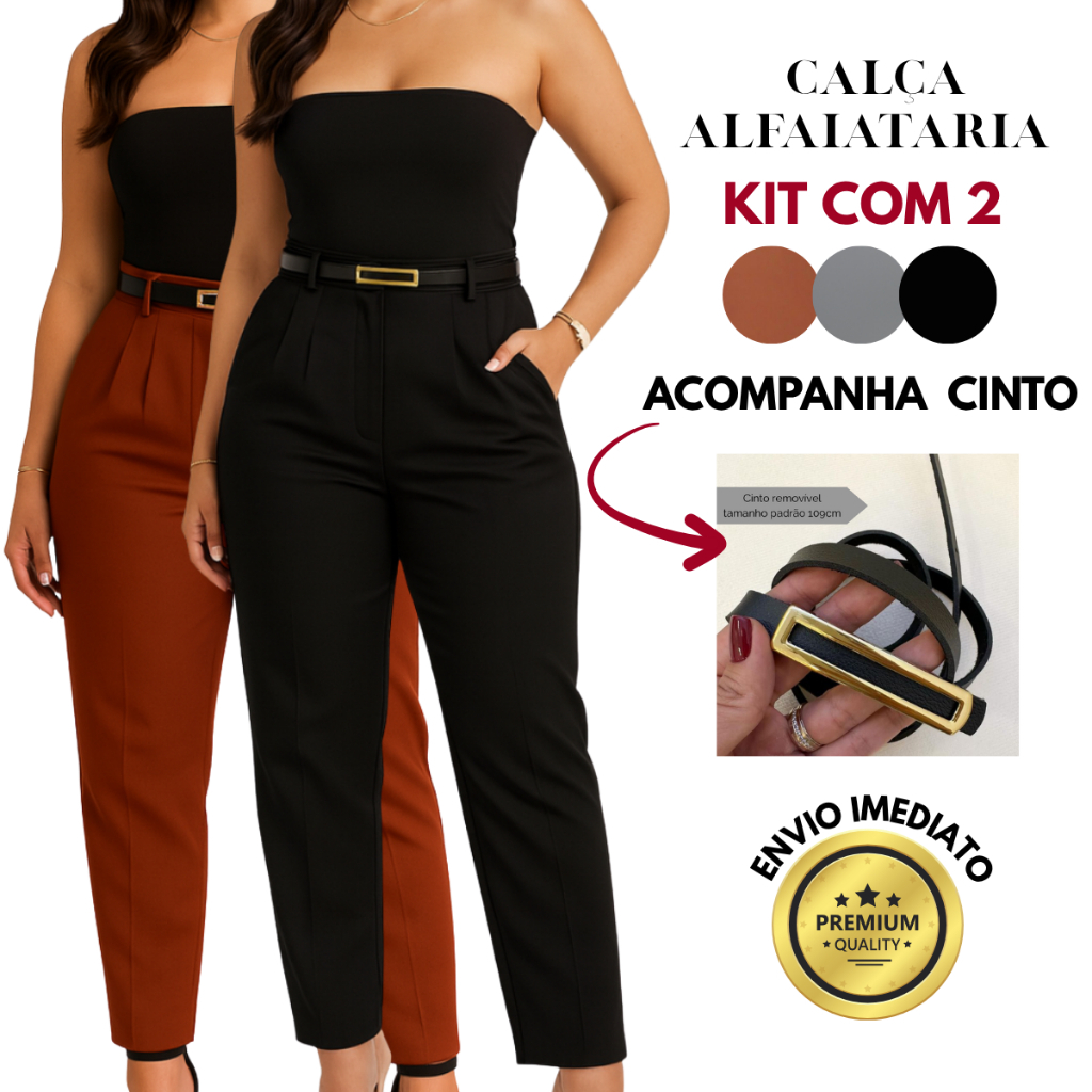 KIT 2 CALÇA FEMININA ALFAIATARIA CINTURA ALTA COM ZÍPER NA LATERAl em Oferta na Shopee