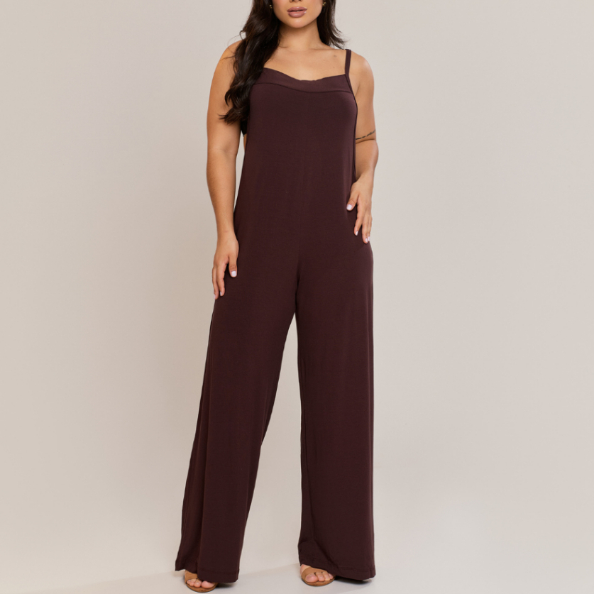 Jardineira Feminina Longa em Viscolycra com Alças Finas e Modelagem Ampla Casual Confortável Moderna