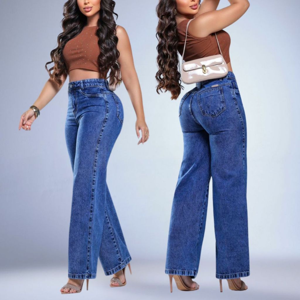 Calça Jeans Feminina Wide Leg 100% Algodão Cintura Alta Premium Marmorizada Pantalona Perna Larga Cós Alto