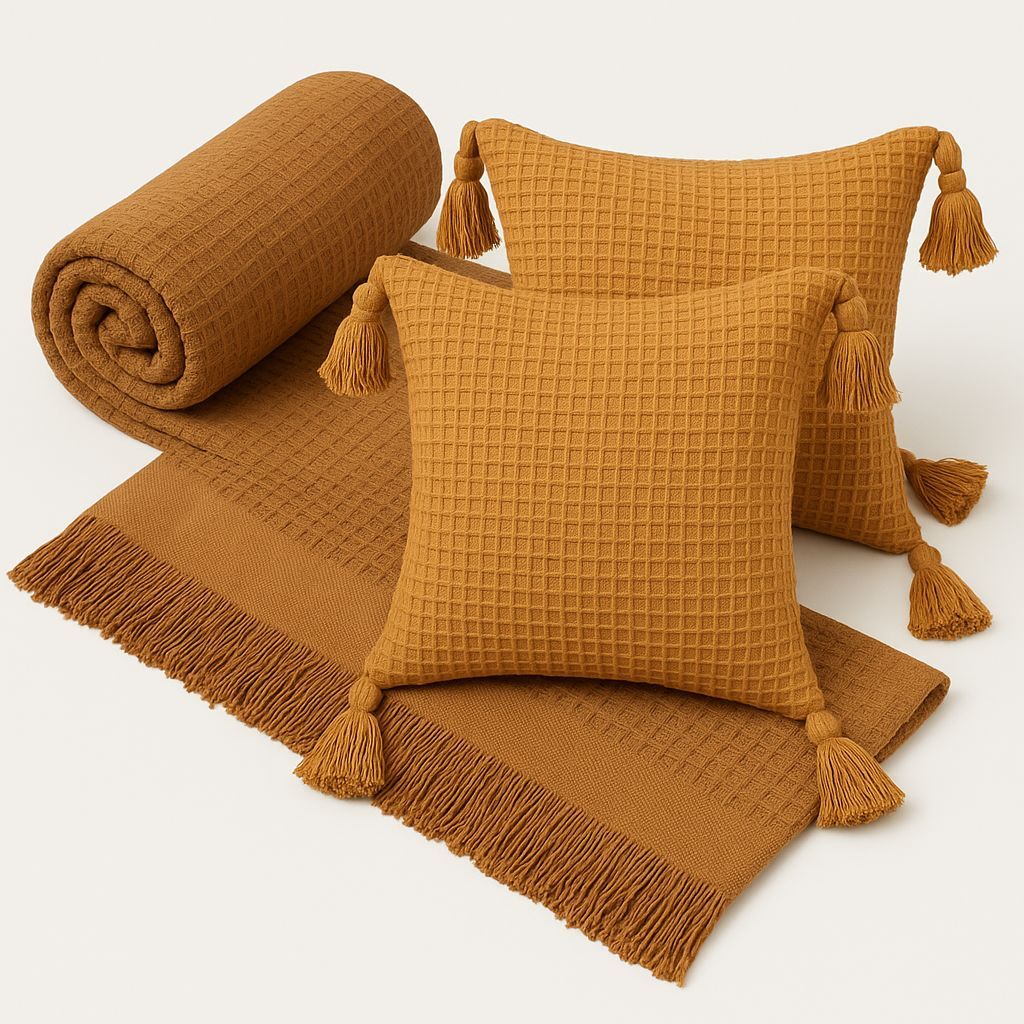 Kit Manta Para Sofá Viena + 2 Capa De Almofada 45x45 Algodão Premium Decoração E Conforto