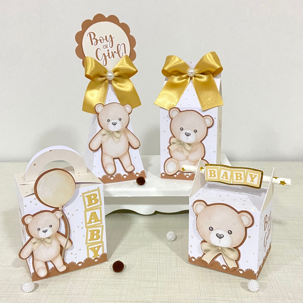 Kit Festa Chá Revelação/Bebê/ Ursinho Bege/Neutro/ Marrom Personalizado/ Lembrancinhas /Caixinhas / Festa/ Milk/Pirâmide