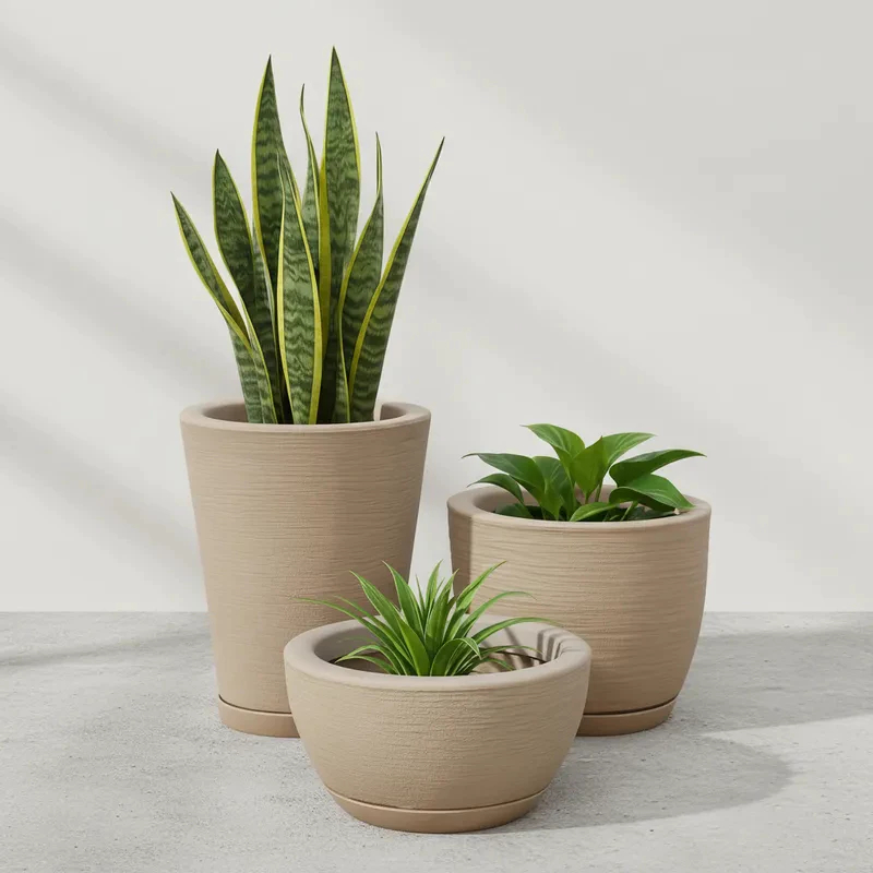 Kit Com 3 Vasos Decorativo de Planta Escovado Polietileno Com Prato Cone + Bojo + Bacia