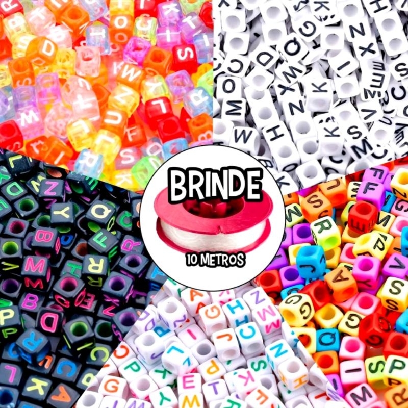 Kit 500 Letras Quadradas Coloridas + Fio de Silicone 10m | Para Pulseiras e Artesanato