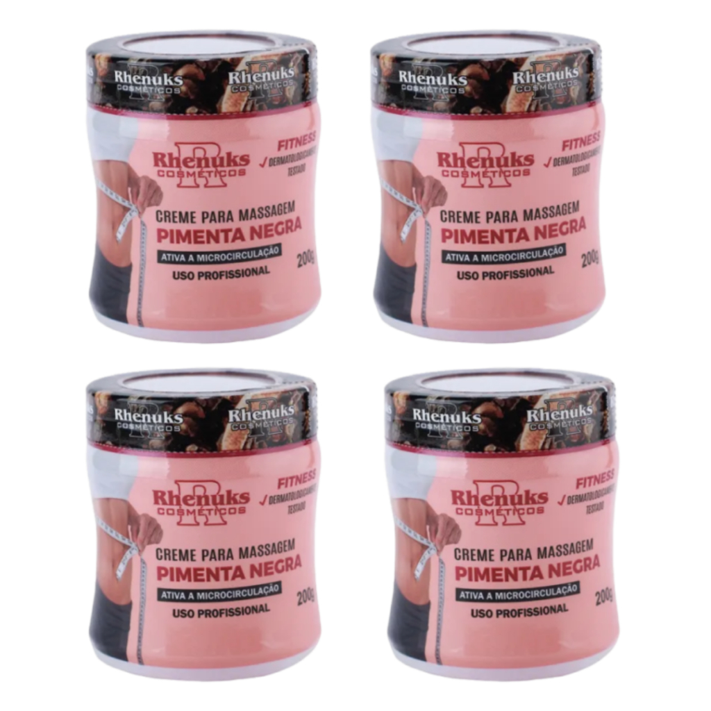 KIT 4 Creme Redutor de Medidas Pimenta Negra Ativa Microcirculação - Rhenuks - 200g cada - creme para academia - fitness