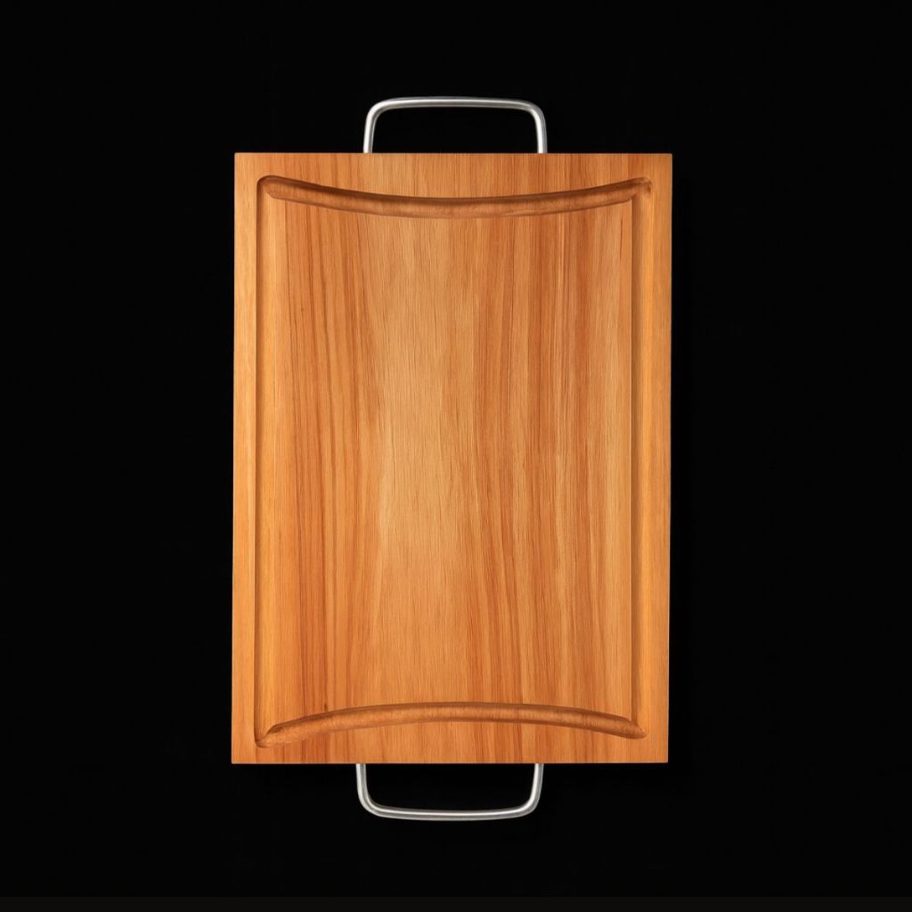 Tabua de Carne em Eucalipto Rústica com Alça Metálica e Canaleta – Premium e Sustentável