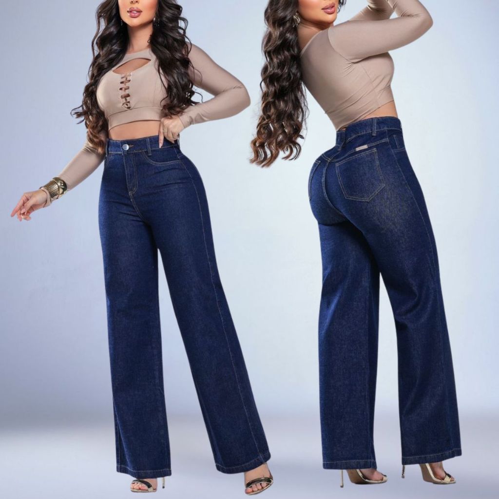 Calça Feminina Jeans Wide Leg 100% Algodão Cintura Alta Premium Marmorizada Pantalona Perna Larga Cós Alto