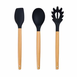 Kit 3 Utensílios de Cozinha com Cabo de Bambu e Silicone Preto em Oferta na Shopee