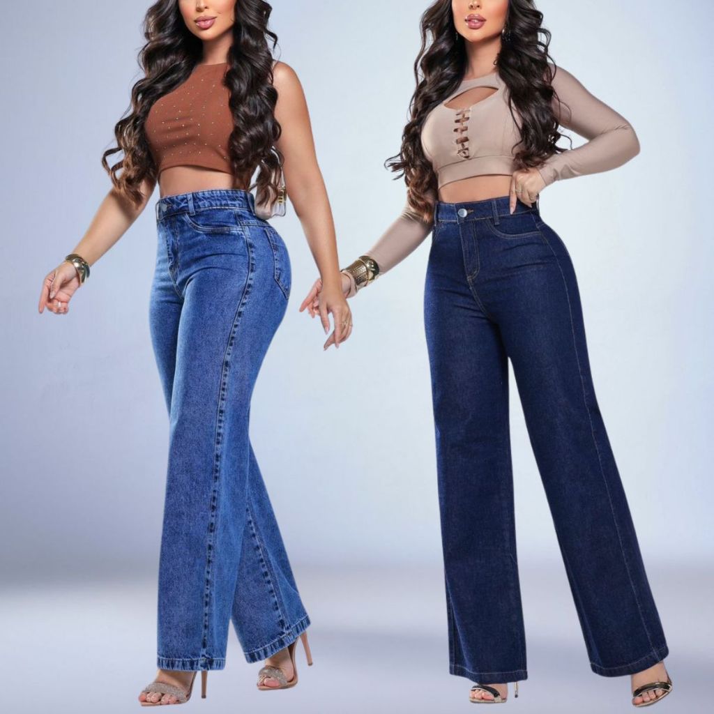 Kit Calça Feminina Jeans Wide Leg 100% Algodão Cintura Alta Premium Marmorizada Pantalona Perna Larga Cós Alto