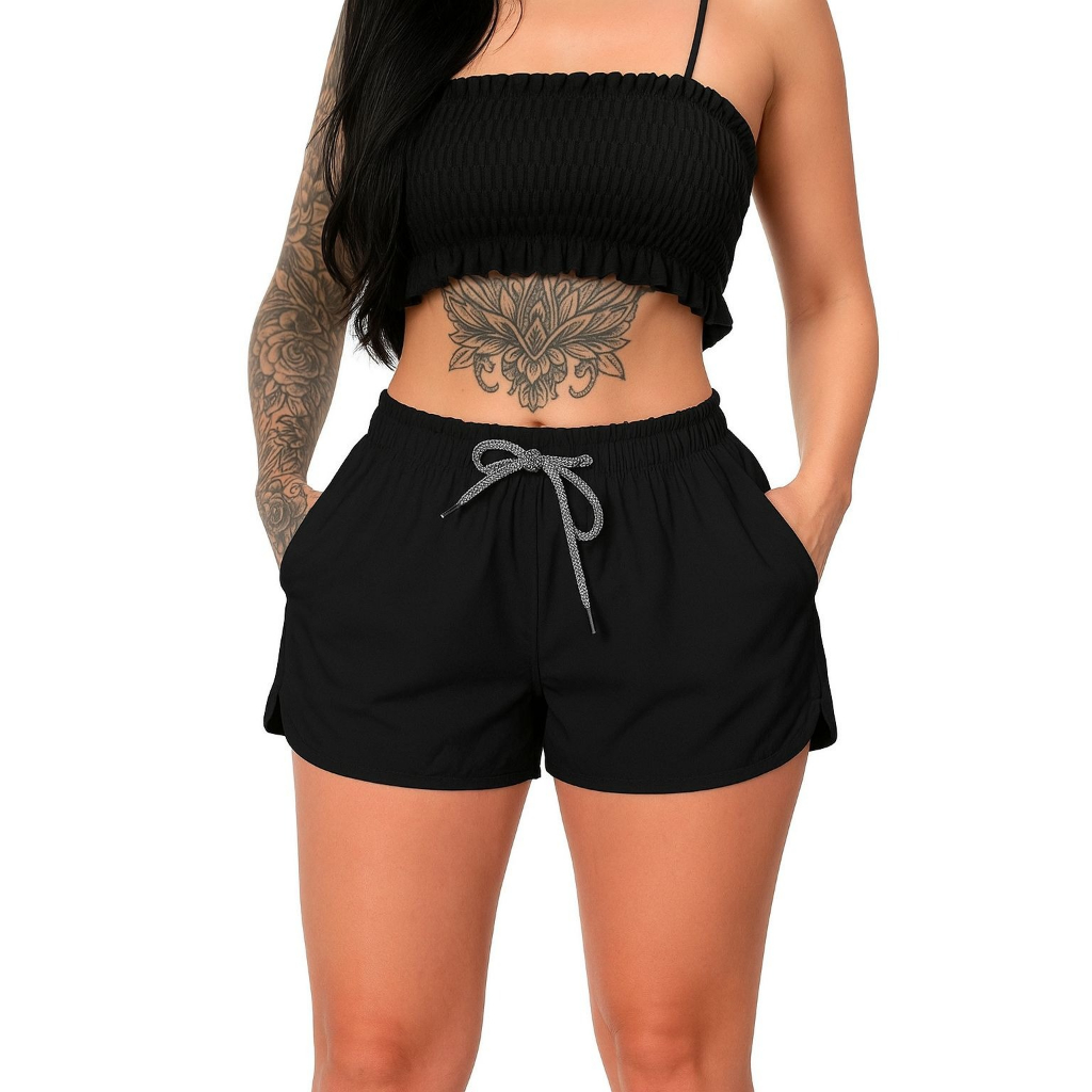 Bermuda Feminina Tactel Elastano – Short Fitness Corrida Casual com Bolso e Elástico na Cintura