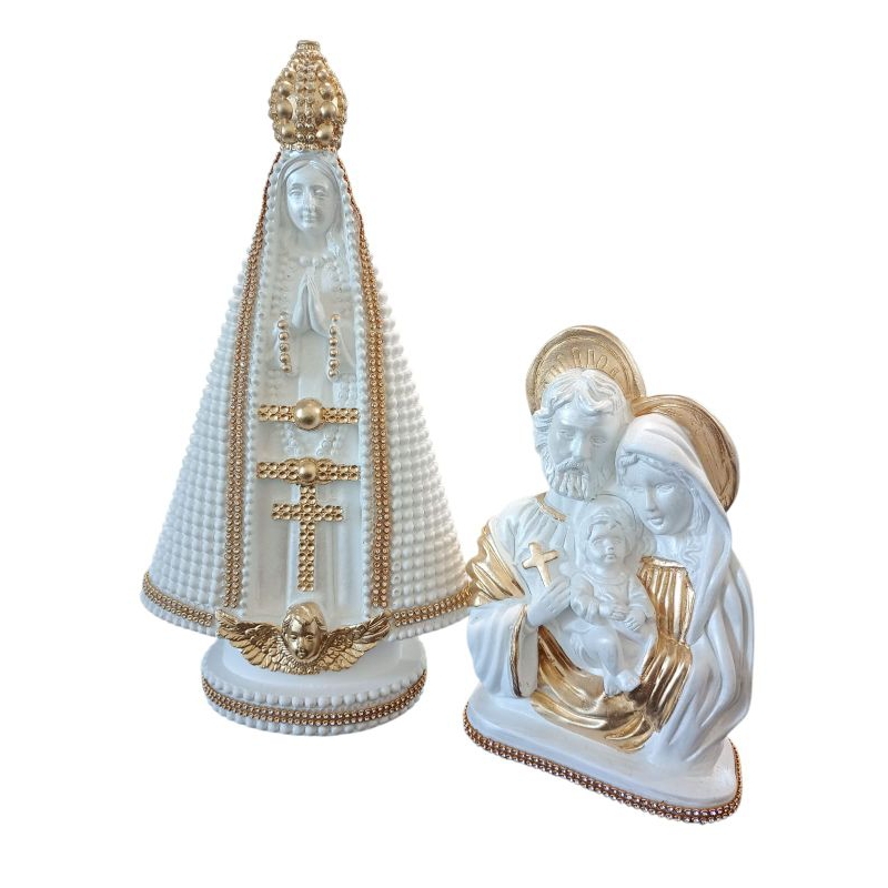 kit Imagem Sagrada Família 20cm com Imagem de Nossa Senhora Aparecida 30cm Branca Dourado Strass