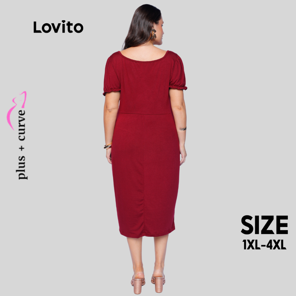 Detalhes do Lovito Vestido Tubinho Plus Size Elegante Midi Vermelho Liso Feminino LB171BRL200