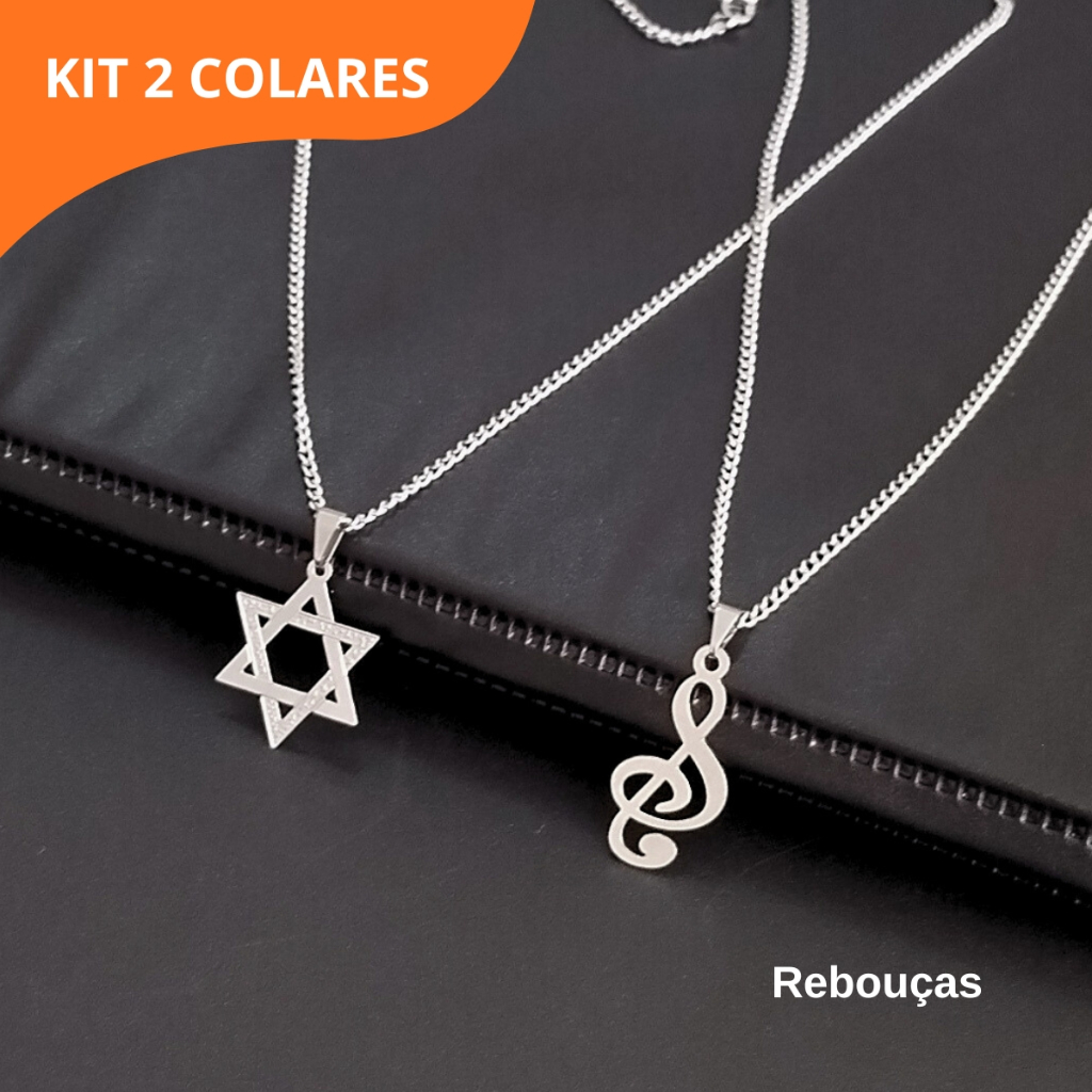 Kit 2 Colares Masculinos Estrela de Davi + Clave de Sol Aço Inoxidável