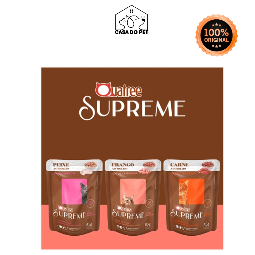 Caixa 20un Sache Quatree Supreme Ração Úmida para Gatos Adultos e Castrados de 85g cada em Oferta na Shopee
