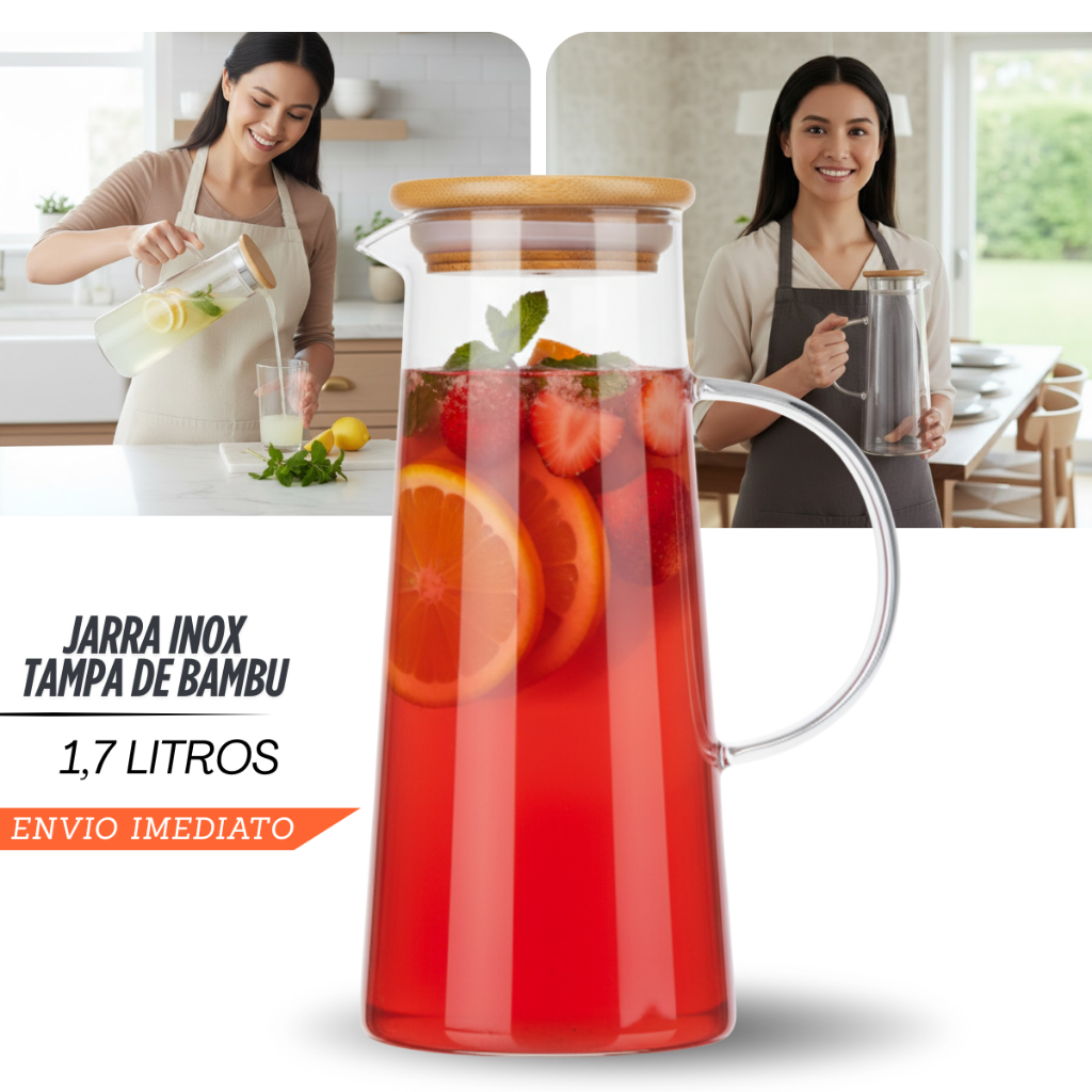 Jarra De Vidro 1,7 Litros Borossilicato Tampa Em Bambu Ergonomica Resistente a o Calor Com Bico Inteligente em Oferta na Shopee