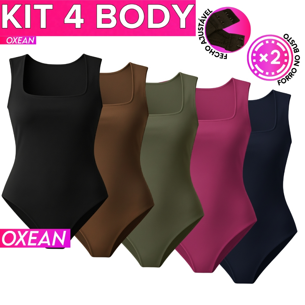 Kit 4 Body Feminino Suplex Regata Decote Quadrado Alça Larga Com Forro em Oferta na Shopee