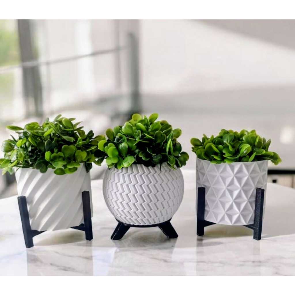 Kit 3 Vasos - Com Plantas Artificiais - Mini - Decoração Moderna - Decoração Sala - Impressão 3D.