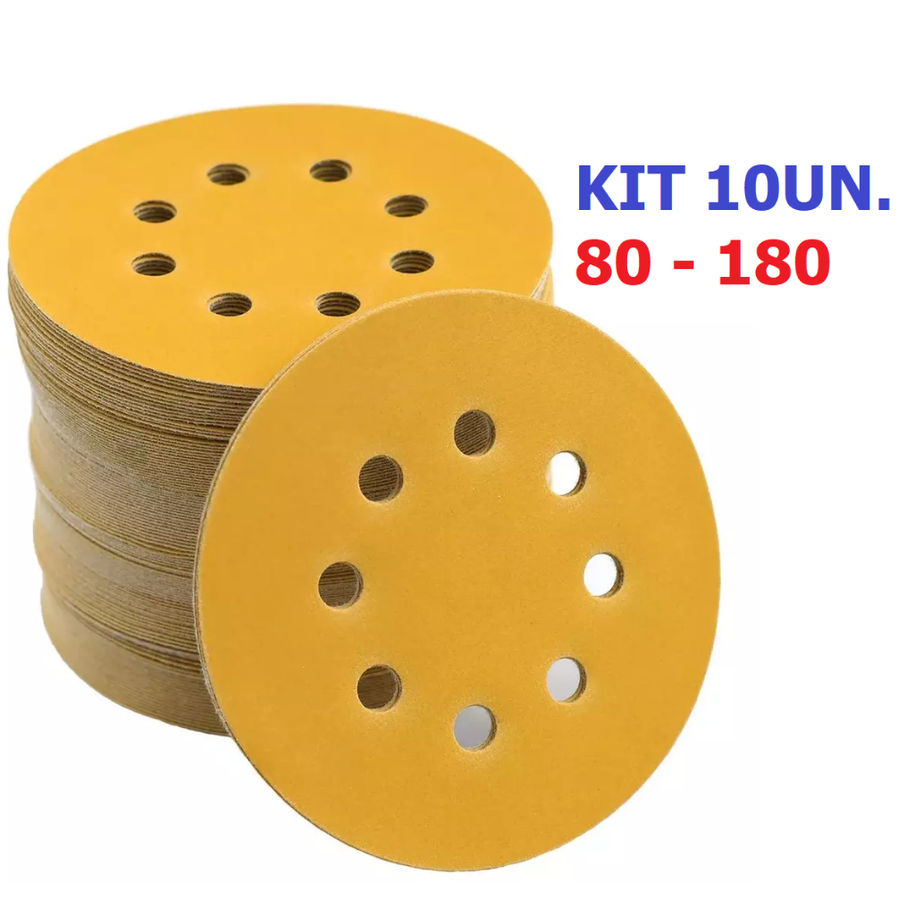 Kit 10 Disco de Lixa C/Pluma 125mm 8 Furos 5" Polegadas P80 P180 em Oferta na Shopee