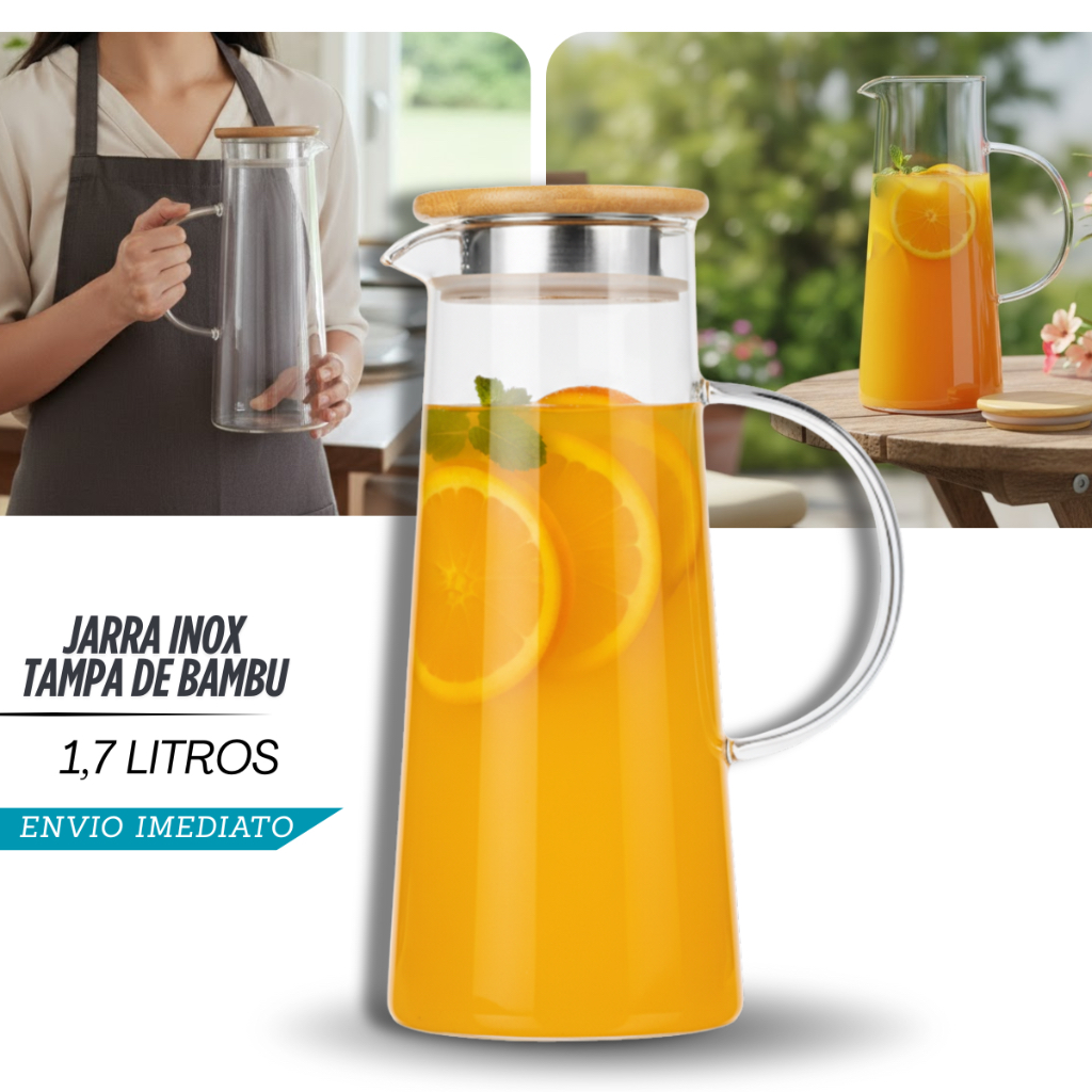 Jarra De Vidro Borossilicato 1,7 Litros Tampa Em Bambu  Resistent Premium Presente Garrafa Geladeira