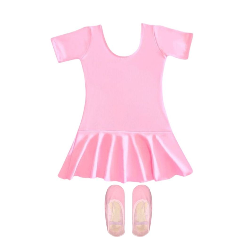 Conjunto 2 Itens Bailarina Infantil: Collant Meia Manga Com Saia + Sapatilha Courino