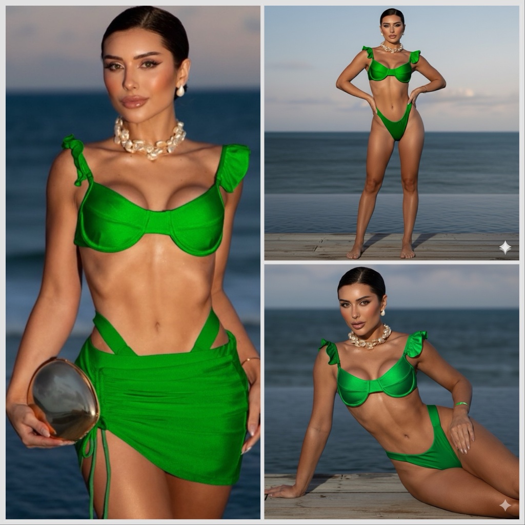 Kit 03 Peças Biquíni De Babado + (Saia Saída de Praia Tam Único) em Oferta na Shopee