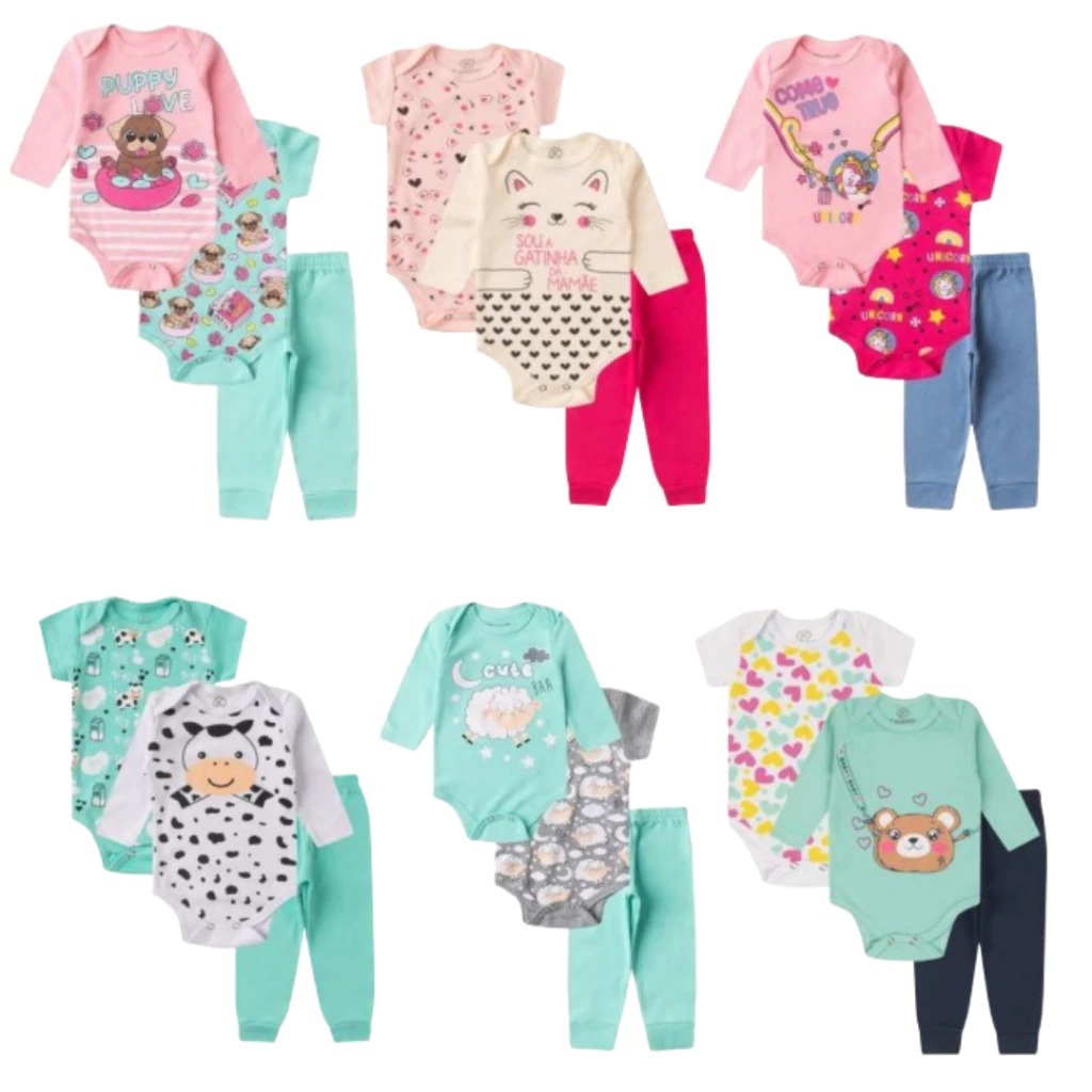 Kit Body Longo 12 Peças Menina Sortido (4 Kits De 3 Peças) inverno / verão Roupa de Menino Ideal Para Presente Natal