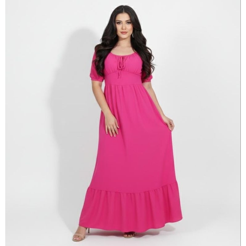 VESTIDO LONGO CIGANINHA MIDI MANGA BUFANTE - Pink Fúcsia / Lilás Lavanda - Decote Princesa Elastex - Moda Evangélica