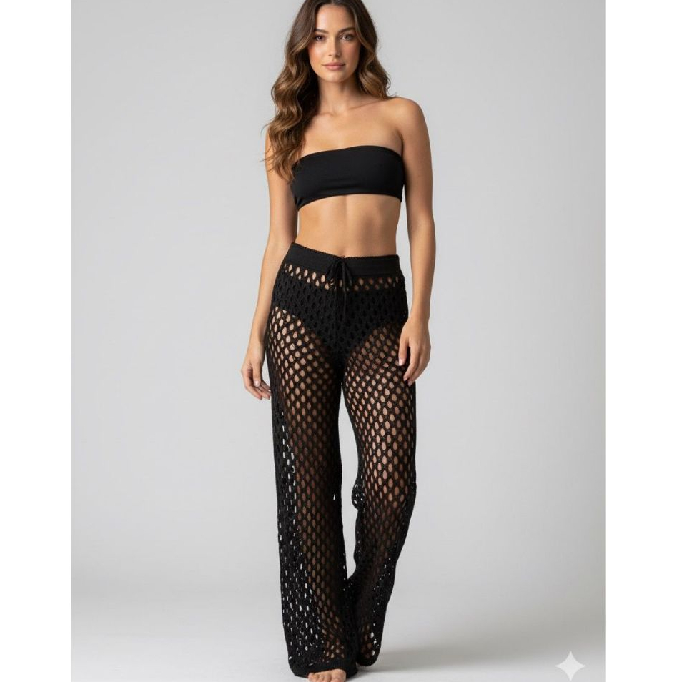 CALÇA saida de praia toda trabalhada furao lisa ajuste cintura calça praia psicina verao tricot