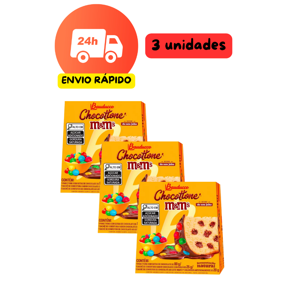 Panettone Bauducco M&M's Chocolate – 3 Unidades Caixeta 80g | Mini | Edição Especial