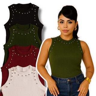 Regata Feminina Com Rebite Pérola Blusa Com Taxinhas Verão Noite Dia a dia
