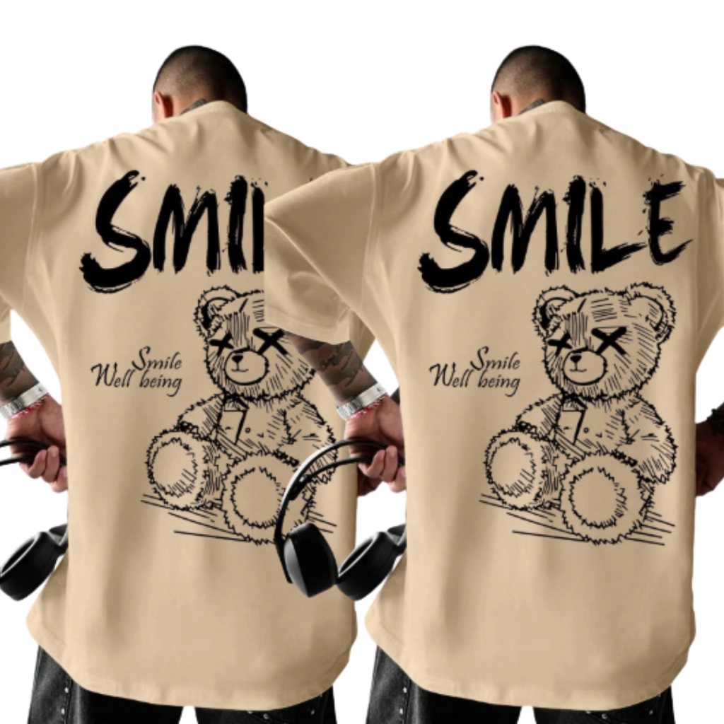 Kit 2 Camisetas Oversized Urso Smile Estilosa Confortavel Caimento Top Camisa Grande Streetwear