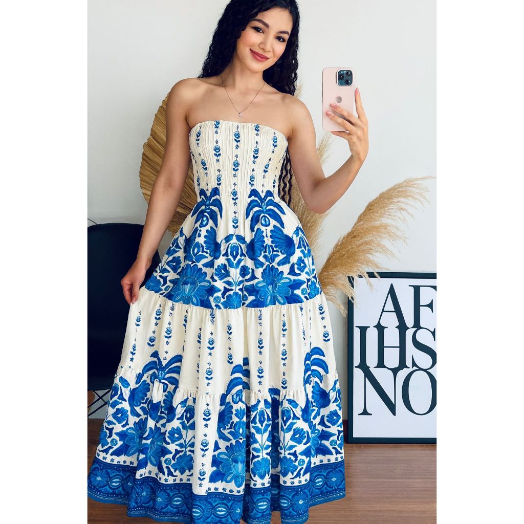 VESTIDO LONGO TOMARA QUE CAIA COM ELASTEX ESTAMPADO VERÃO 2026